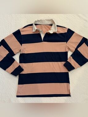 Original Use Mens Rugby Polo Shirt SZ S Pink Navy Striped Long Sleeve Preppy